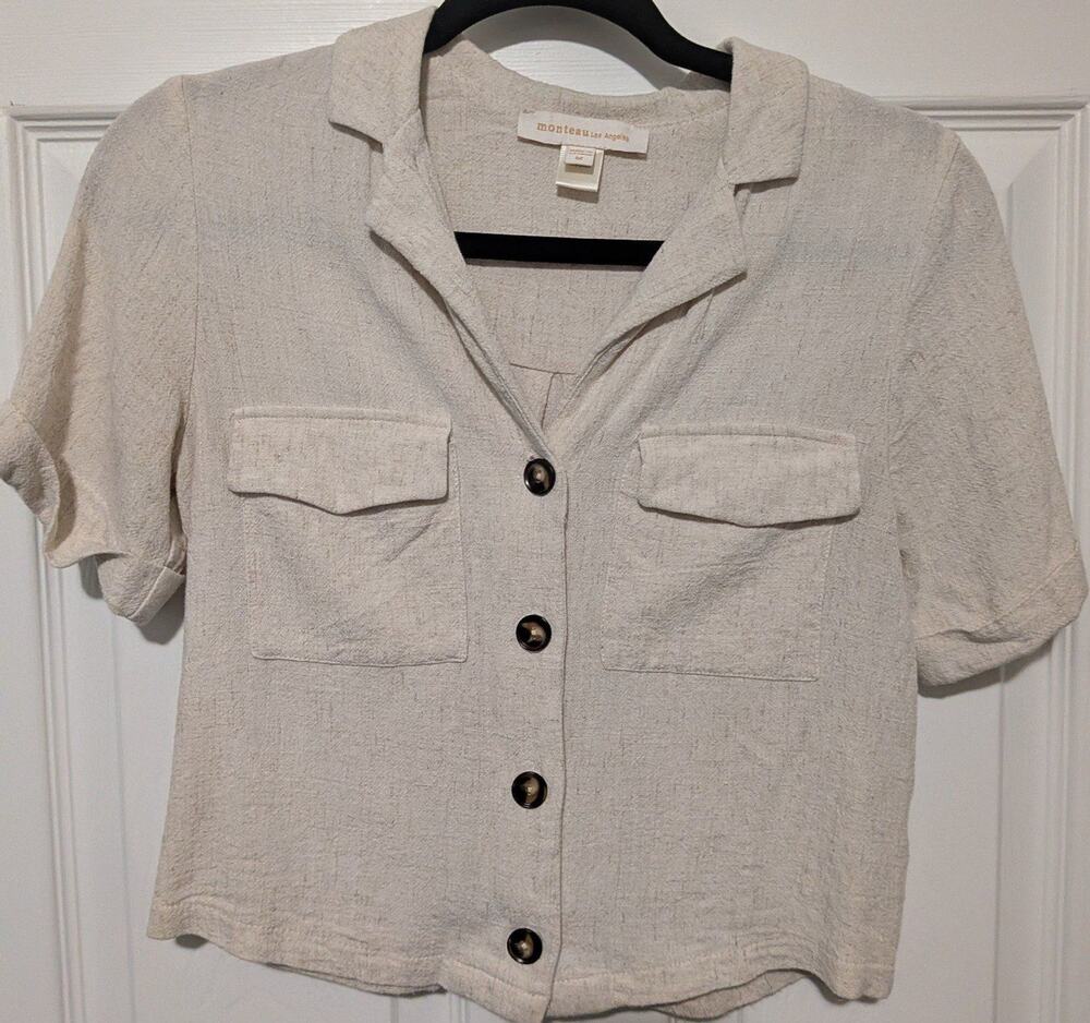 Monteau Los Angeles Beige Linen Blend Cropped Utility Button Up Camp Top Blouse